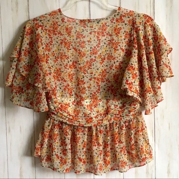 Zara Orange Floral Flounce Blouse Top S - Picture 3 of 8